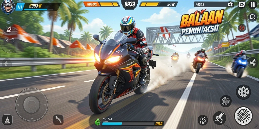 Tampilan gameplay 9939 yang menegangkan dengan aksi balapan motor.