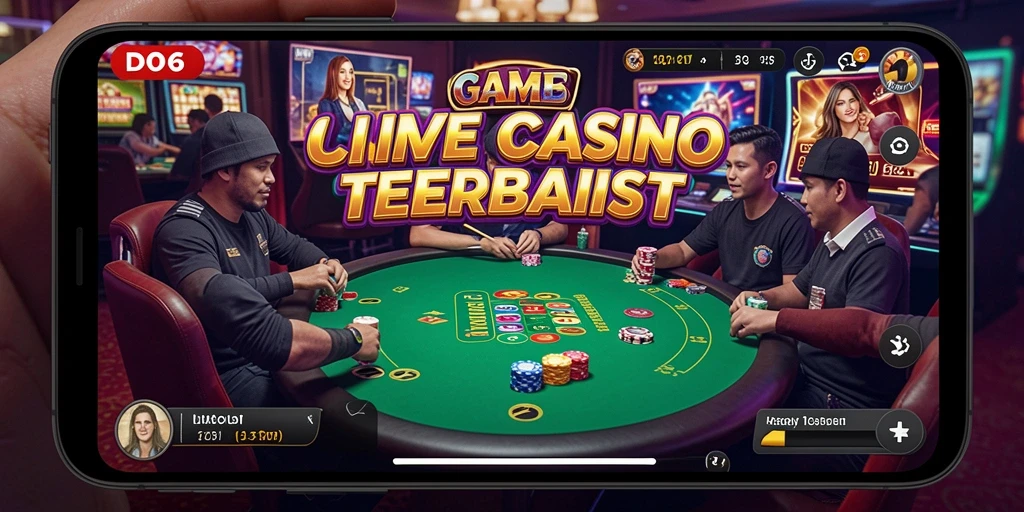 Screenshot gameplay D06 menampilkan dealer langsung dan permainan kasino yang mendebarkan.