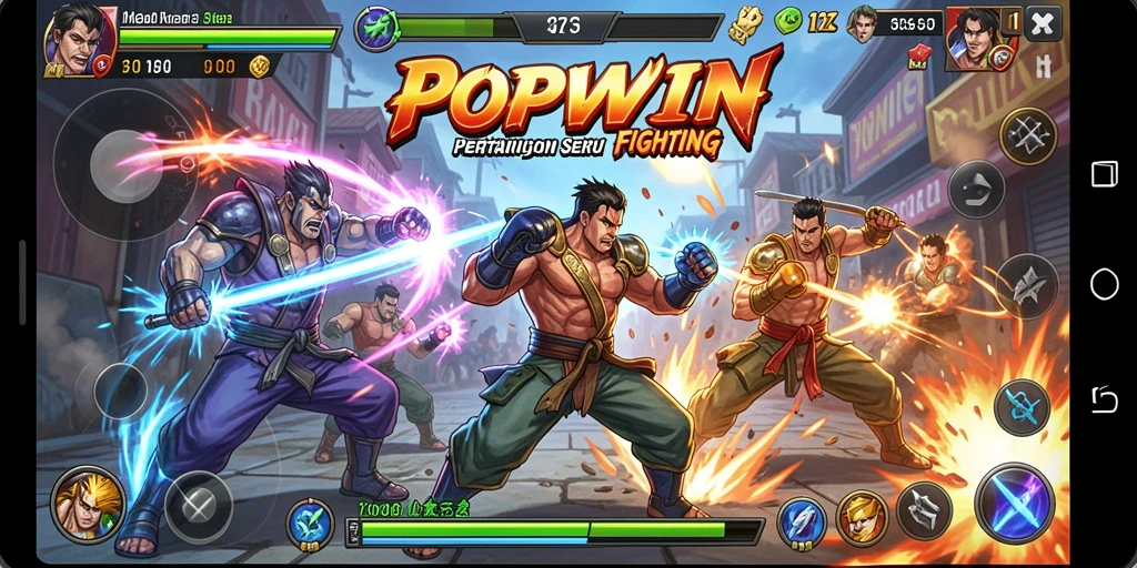 Tangkapan layar utama POPWIN menunjukkan aksi pertarungan yang intens dan dinamis.