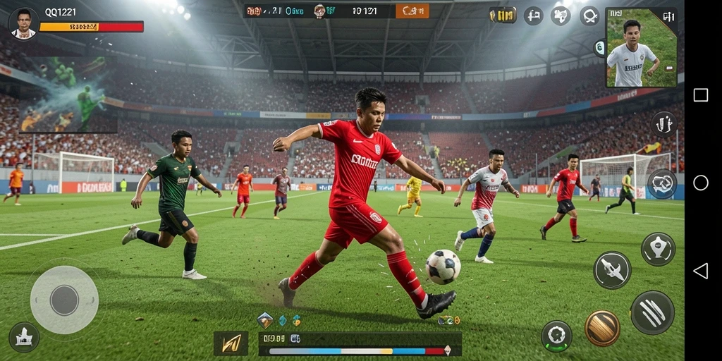 Tampilan gameplay <strong>QQ1221</strong> dengan aksi sepak bola yang seru.