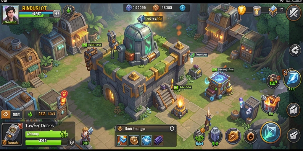 Screenshot gameplay RINDUSLOT yang menunjukkan aksi menara Tower Defense.