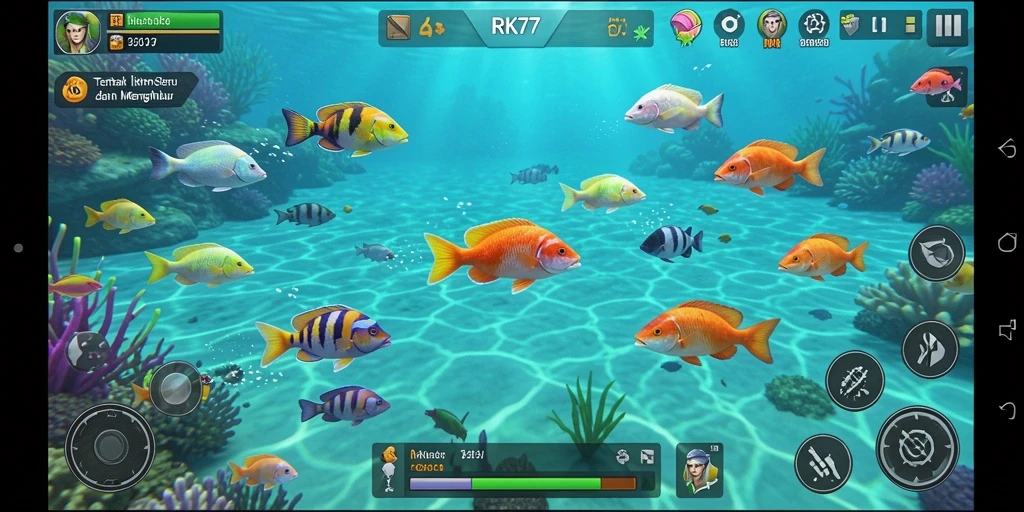 Tampilan gameplay RK77 yang menampilkan aksi menembak ikan dengan seru.